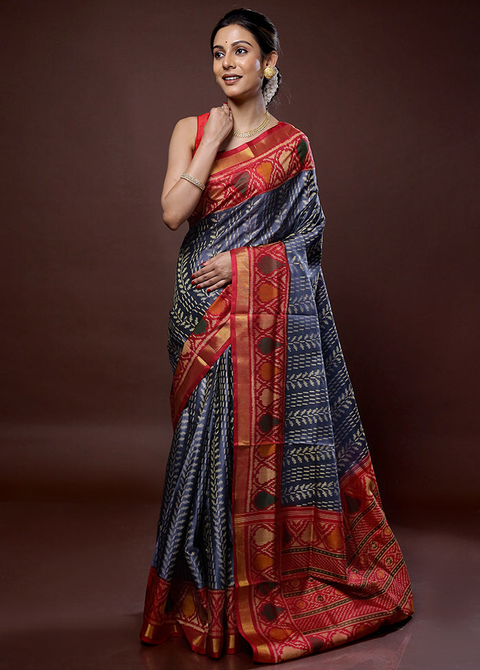 Grey Pochampally Pure Silk Saree With Blouse Piece