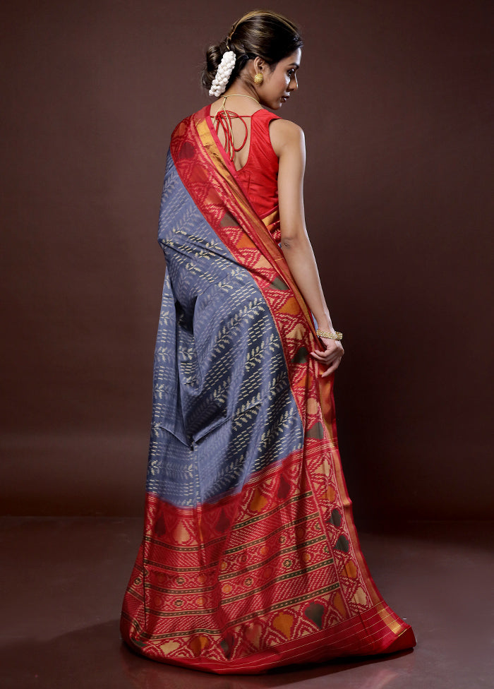 Grey Pochampally Pure Silk Saree With Blouse Piece