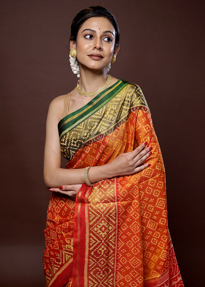 Orange Pochampally Pure Silk Saree With Blouse Piece - Indian Silk House Agencies