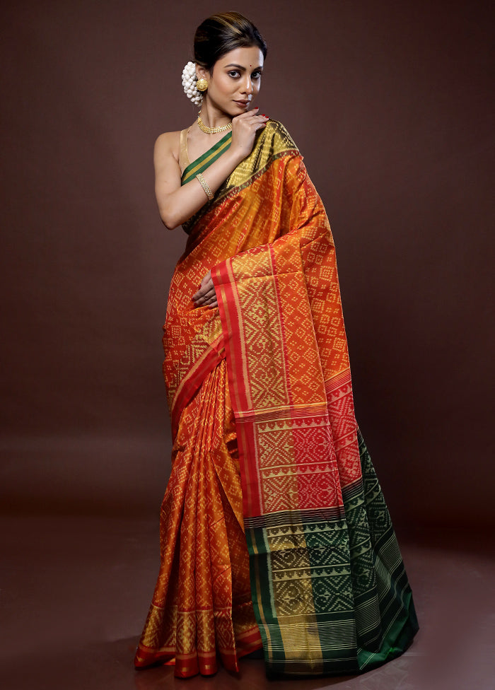 Orange Pochampally Pure Silk Saree With Blouse Piece - Indian Silk House Agencies