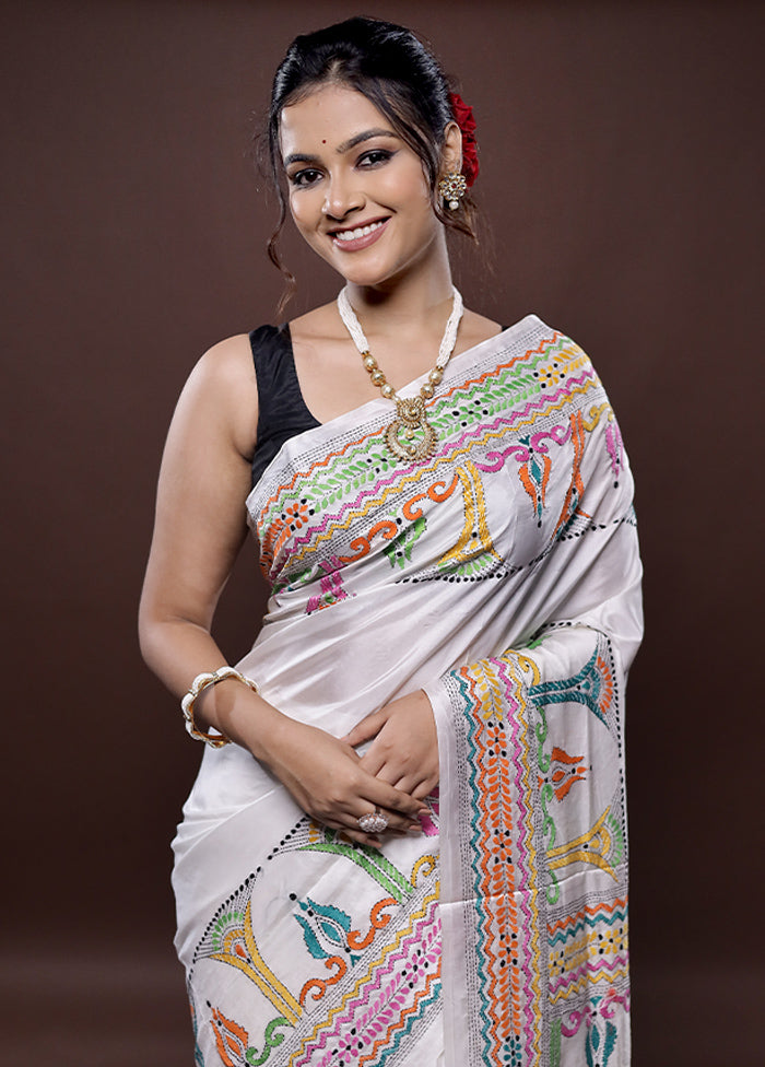 White Kantha Stitch Silk Saree Without Blouse Piece - Indian Silk House Agencies