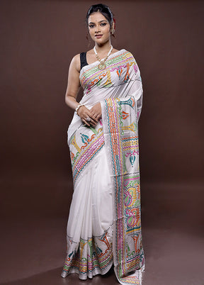 White Kantha Stitch Silk Saree Without Blouse Piece - Indian Silk House Agencies