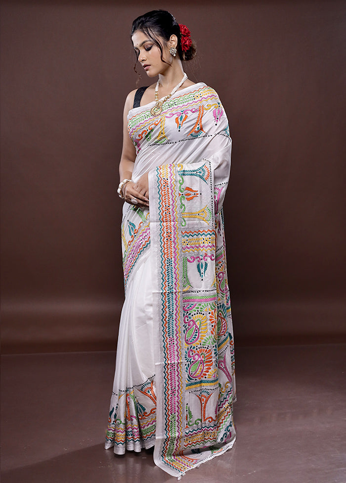 White Kantha Stitch Silk Saree Without Blouse Piece - Indian Silk House Agencies