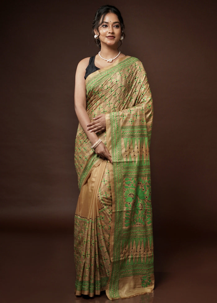 Cream Kantha Stitch Silk Saree With Blouse Piece - Indian Silk House Agencies