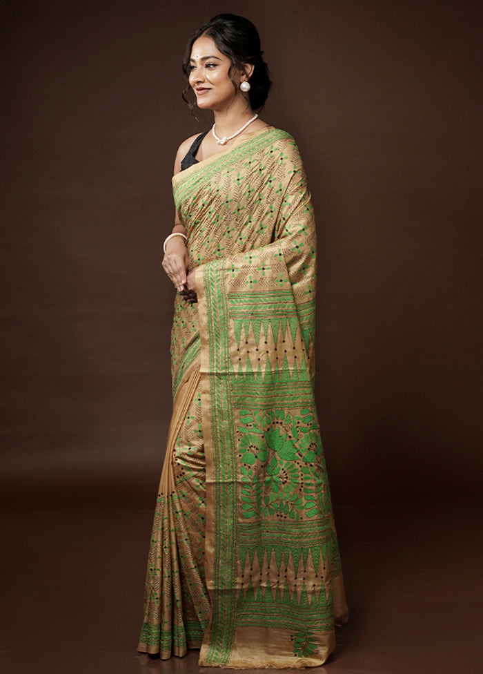 Cream Kantha Stitch Silk Saree With Blouse Piece - Indian Silk House Agencies