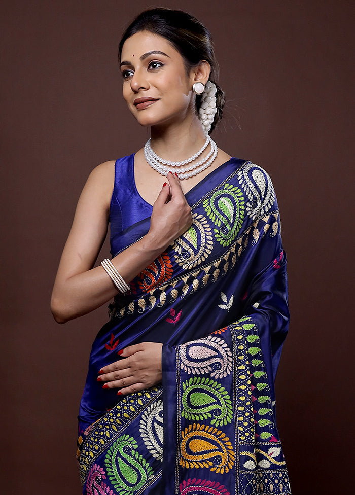 Blue Kantha Stitch Silk Saree With Blouse Piece - Indian Silk House Agencies