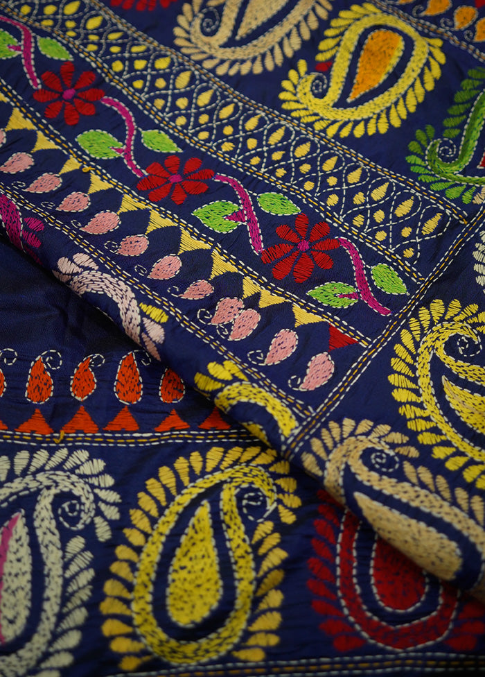 Blue Kantha Stitch Silk Saree With Blouse Piece - Indian Silk House Agencies