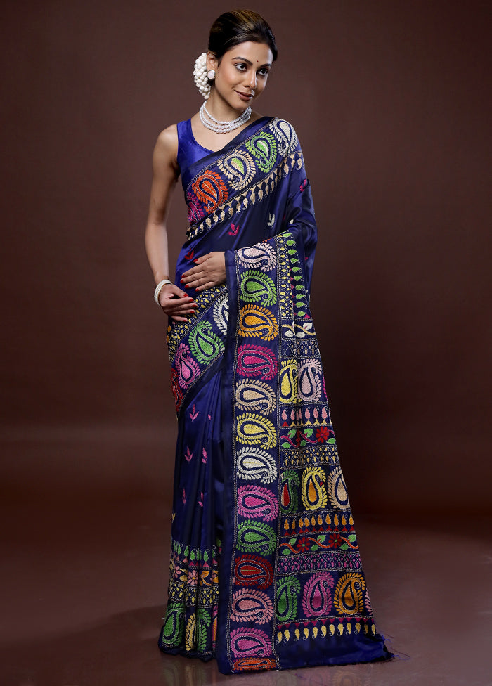 Blue Kantha Stitch Silk Saree With Blouse Piece - Indian Silk House Agencies