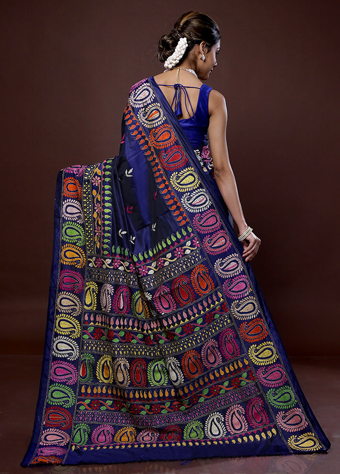 Blue Kantha Stitch Silk Saree With Blouse Piece - Indian Silk House Agencies