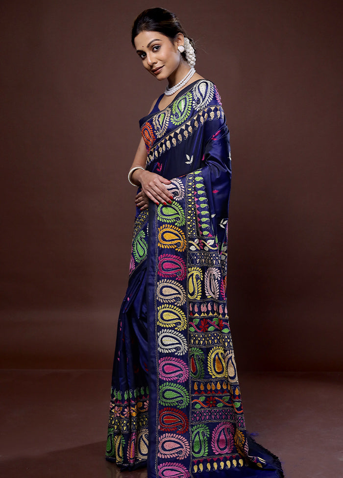 Blue Kantha Stitch Silk Saree With Blouse Piece - Indian Silk House Agencies