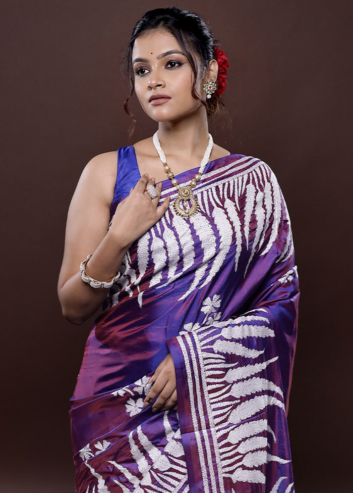 Purple Kantha Stitch Silk Saree Without Blouse Piece - Indian Silk House Agencies