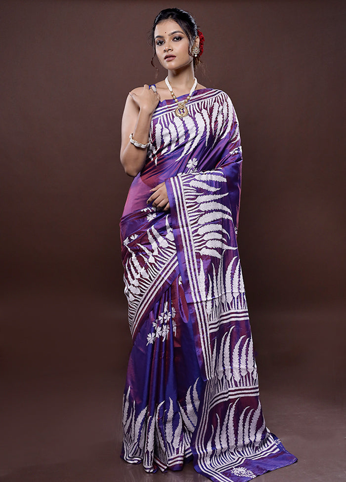 Purple Kantha Stitch Silk Saree Without Blouse Piece - Indian Silk House Agencies