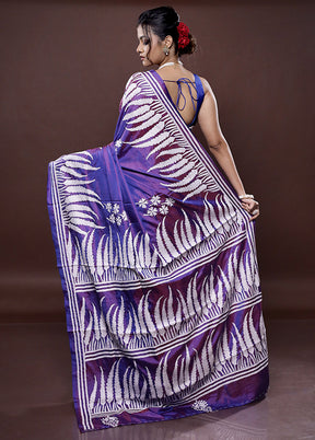 Purple Kantha Stitch Silk Saree Without Blouse Piece - Indian Silk House Agencies