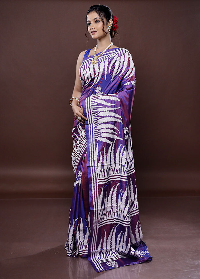 Purple Kantha Stitch Silk Saree Without Blouse Piece - Indian Silk House Agencies