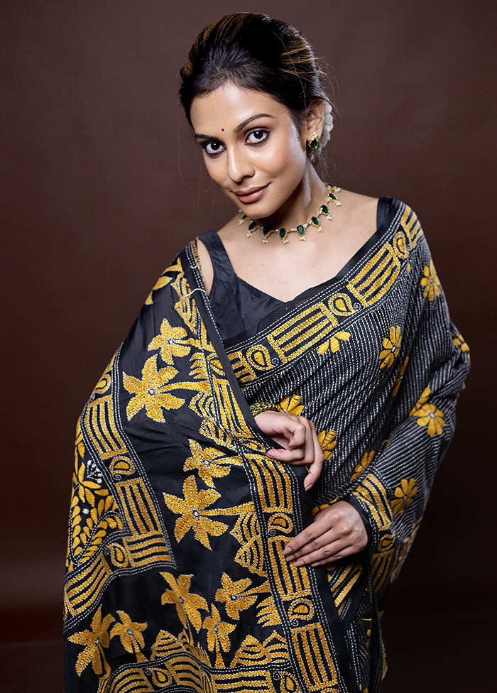 Grey Kantha Stitch Silk Saree Without Blouse Piece - Indian Silk House Agencies