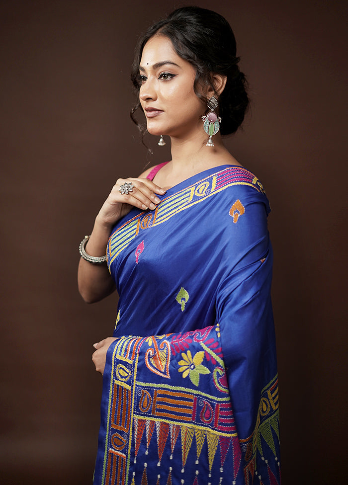 Blue Kantha Stitch Silk Saree With Blouse Piece - Indian Silk House Agencies