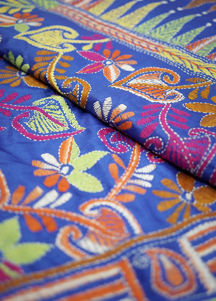 Blue Kantha Stitch Silk Saree With Blouse Piece - Indian Silk House Agencies