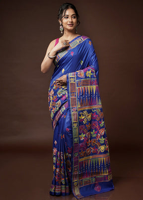 Blue Kantha Stitch Silk Saree With Blouse Piece - Indian Silk House Agencies