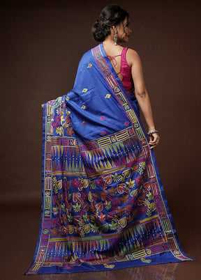 Blue Kantha Stitch Silk Saree With Blouse Piece - Indian Silk House Agencies