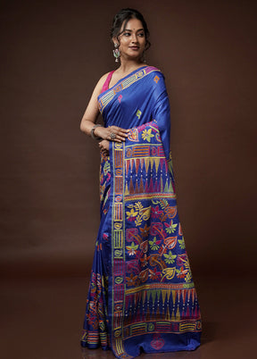 Blue Kantha Stitch Silk Saree With Blouse Piece - Indian Silk House Agencies