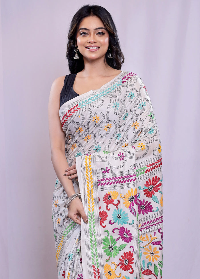 White Kantha Stitch Silk Saree With Blouse Piece - Indian Silk House Agencies