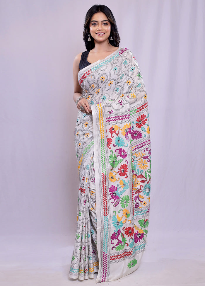 White Kantha Stitch Silk Saree With Blouse Piece - Indian Silk House Agencies