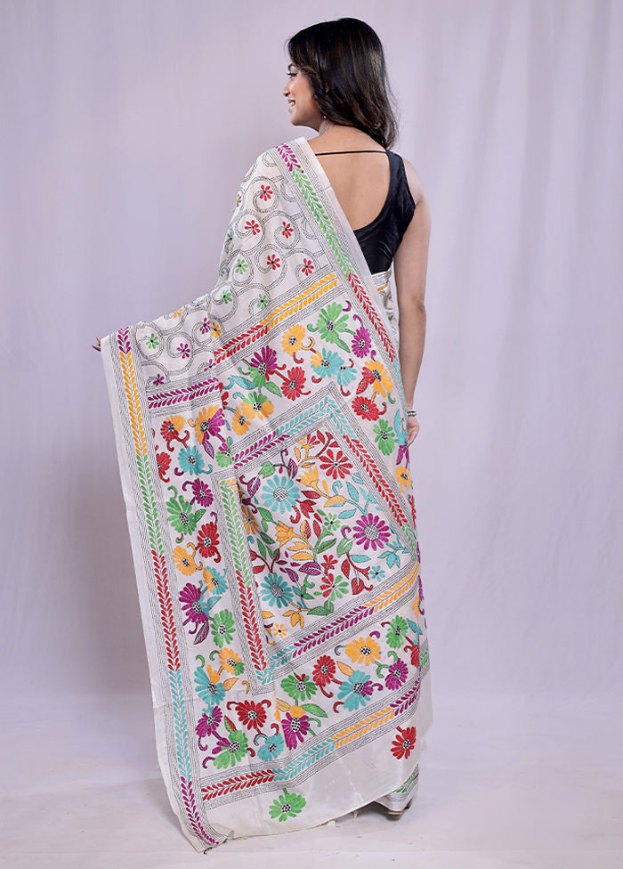 White Kantha Stitch Silk Saree With Blouse Piece - Indian Silk House Agencies