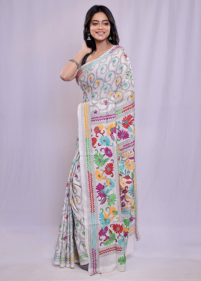 White Kantha Stitch Silk Saree With Blouse Piece - Indian Silk House Agencies