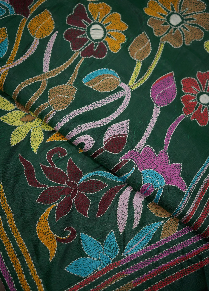 Green Kantha Stitch Silk Saree With Blouse Piece - Indian Silk House Agencies