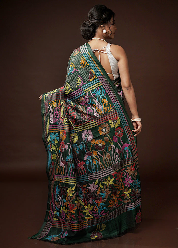 Green Kantha Stitch Silk Saree With Blouse Piece - Indian Silk House Agencies