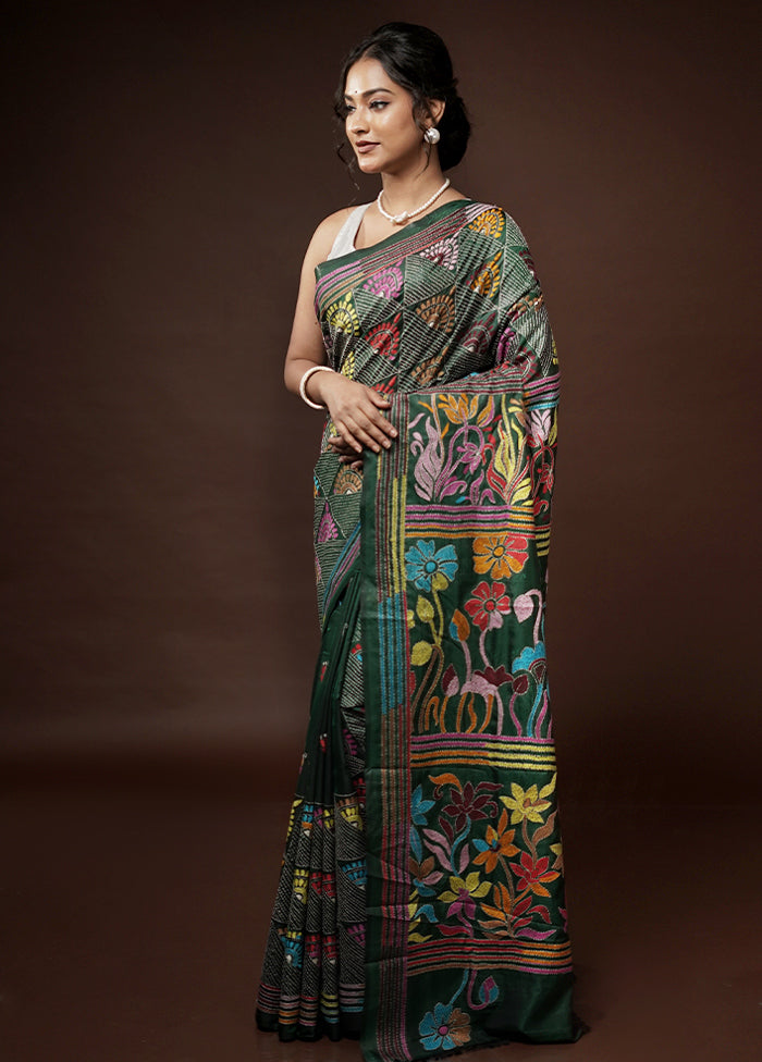 Green Kantha Stitch Silk Saree With Blouse Piece - Indian Silk House Agencies