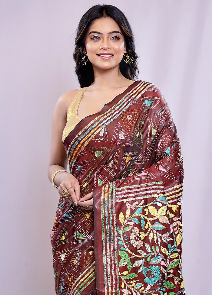 Maroon Kantha Stitch Silk Saree With Blouse Piece - Indian Silk House Agencies