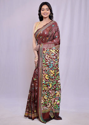 Maroon Kantha Stitch Silk Saree With Blouse Piece - Indian Silk House Agencies