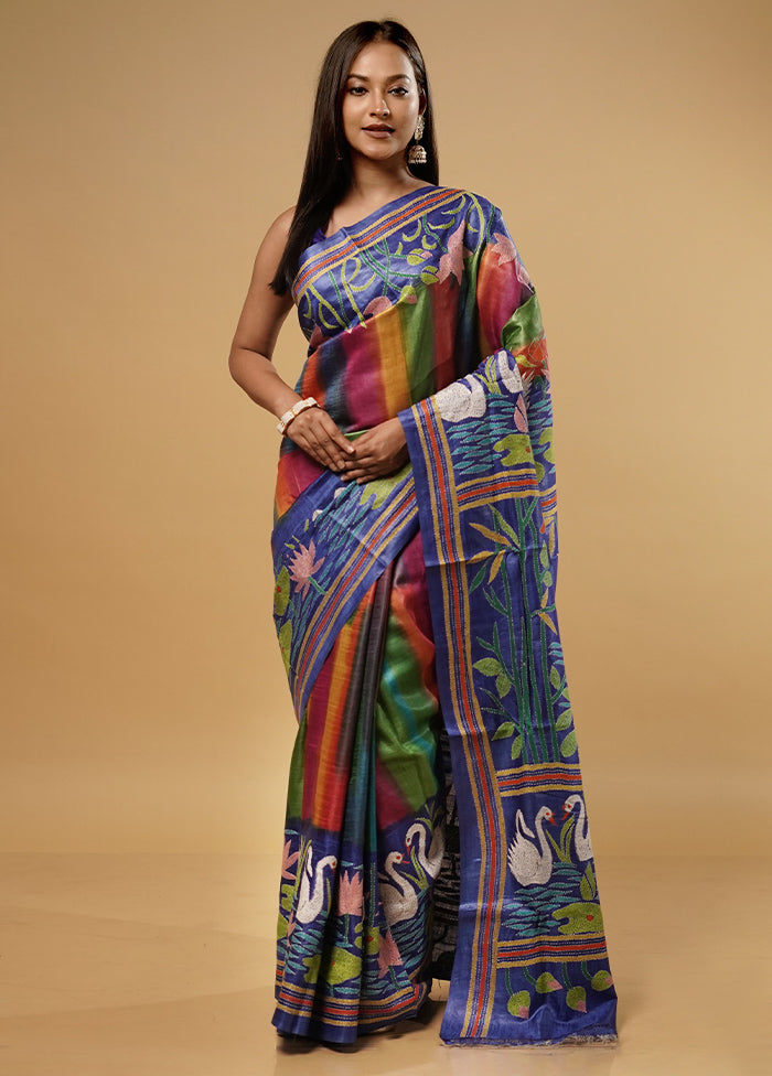 Blue Kantha Stitch Pure Silk Saree With Blouse Piece - Indian Silk House Agencies