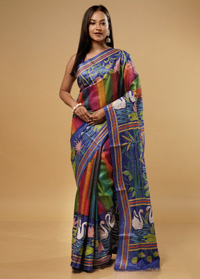 Blue Kantha Stitch Pure Silk Saree With Blouse Piece - Indian Silk House Agencies