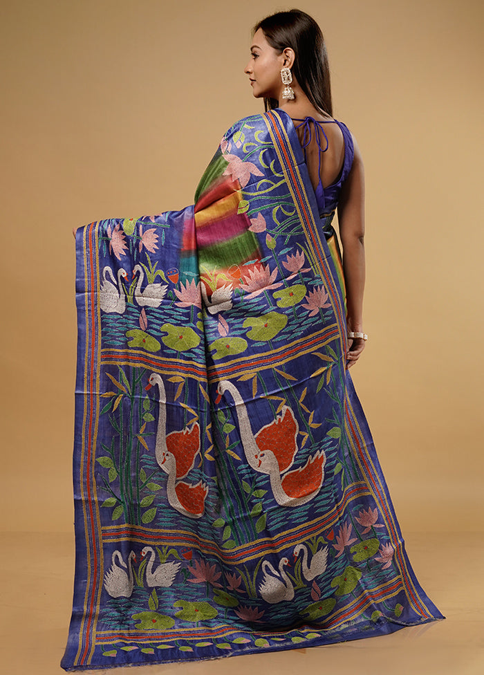 Blue Kantha Stitch Pure Silk Saree With Blouse Piece - Indian Silk House Agencies