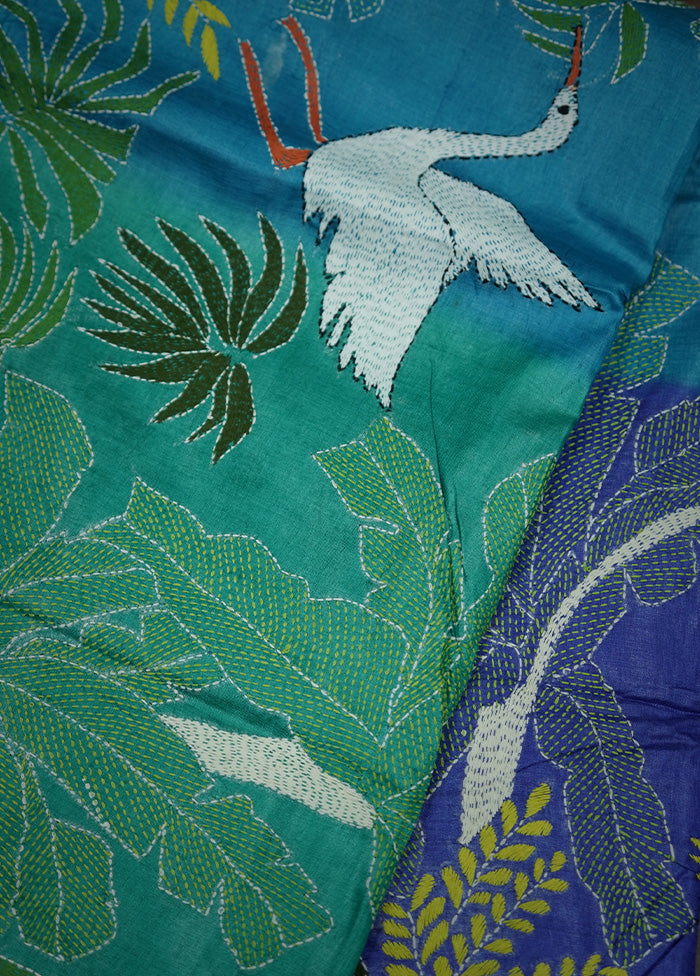 Blue Kantha Stitch Pure Silk Saree With Blouse Piece - Indian Silk House Agencies