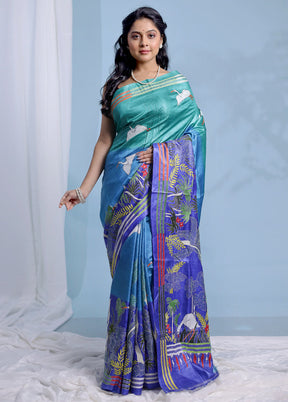 Blue Kantha Stitch Pure Silk Saree With Blouse Piece - Indian Silk House Agencies