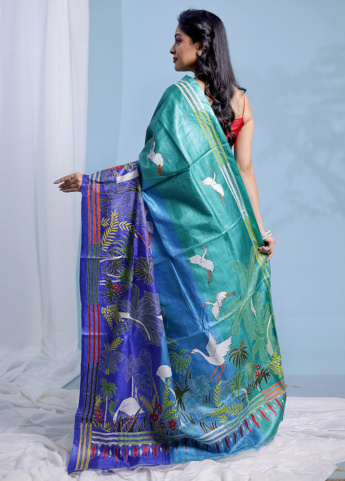 Blue Kantha Stitch Pure Silk Saree With Blouse Piece - Indian Silk House Agencies