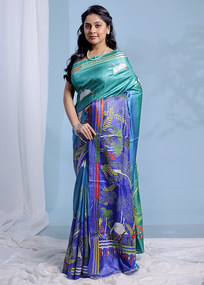 Blue Kantha Stitch Pure Silk Saree With Blouse Piece - Indian Silk House Agencies