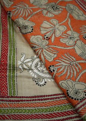 Cream Kantha Stitch Pure Silk Saree With Blouse Piece - Indian Silk House Agencies