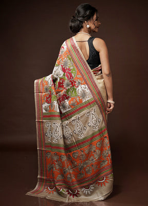 Cream Kantha Stitch Pure Silk Saree With Blouse Piece - Indian Silk House Agencies