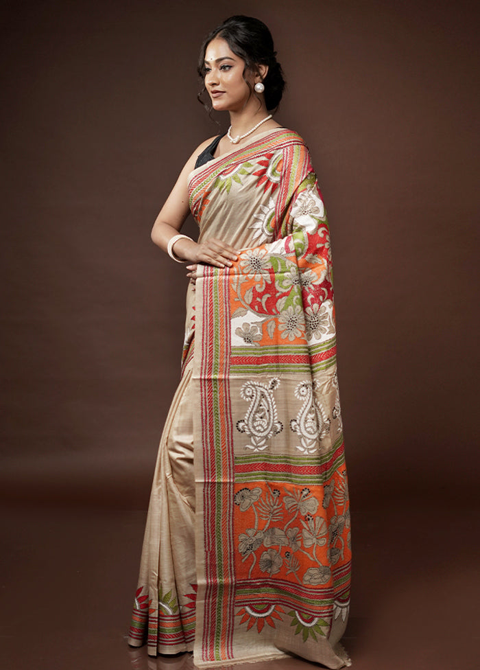 Cream Kantha Stitch Pure Silk Saree With Blouse Piece - Indian Silk House Agencies