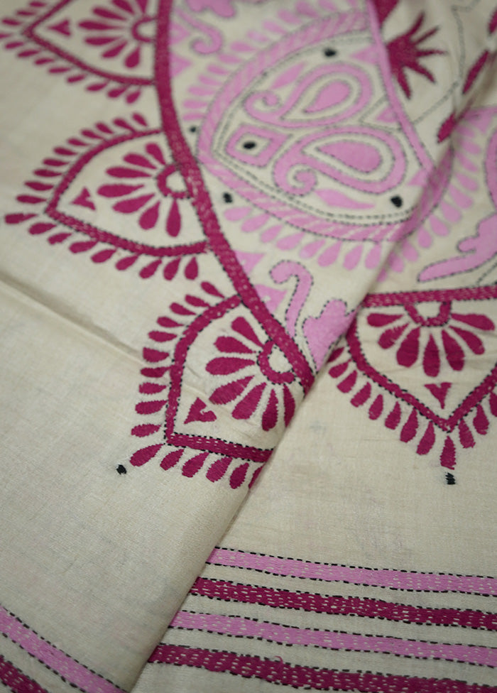 Cream Kantha Stitch Pure Silk Saree With Blouse Piece - Indian Silk House Agencies