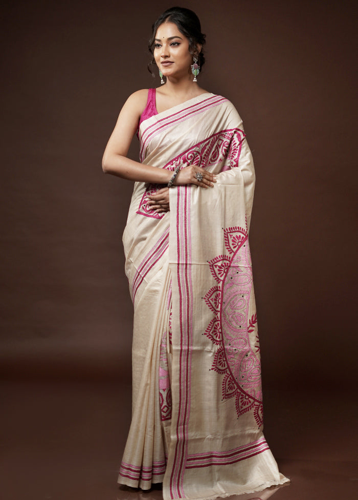 Cream Kantha Stitch Pure Silk Saree With Blouse Piece - Indian Silk House Agencies