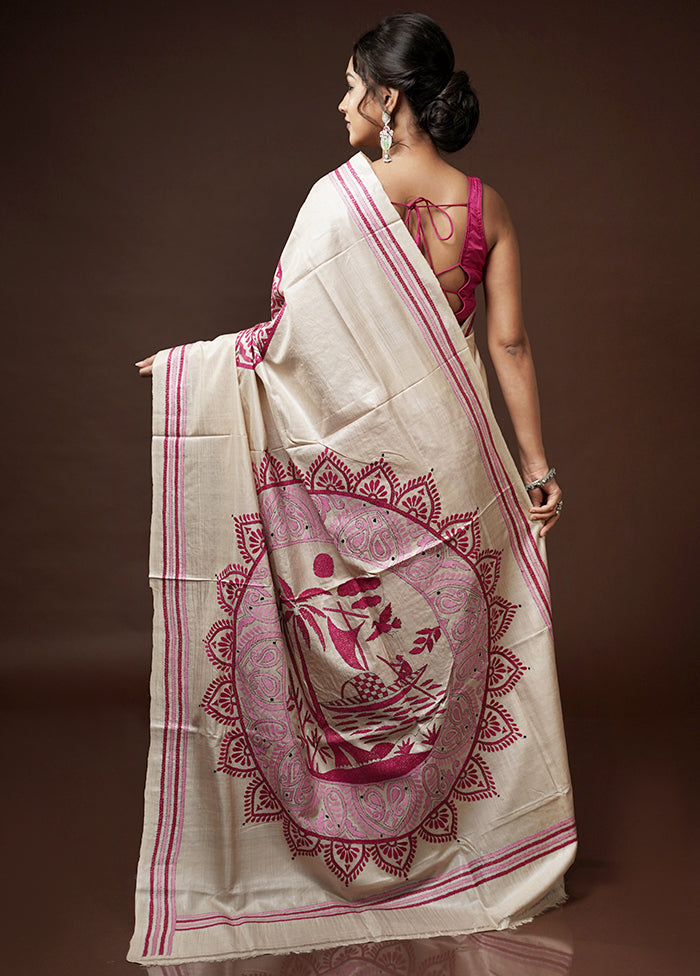 Cream Kantha Stitch Pure Silk Saree With Blouse Piece - Indian Silk House Agencies