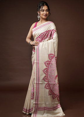 Cream Kantha Stitch Pure Silk Saree With Blouse Piece - Indian Silk House Agencies