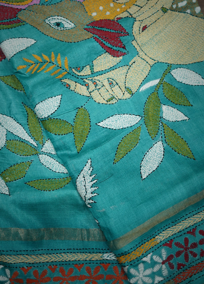 Green Kantha Stitch Pure Silk Saree With Blouse Piece - Indian Silk House Agencies