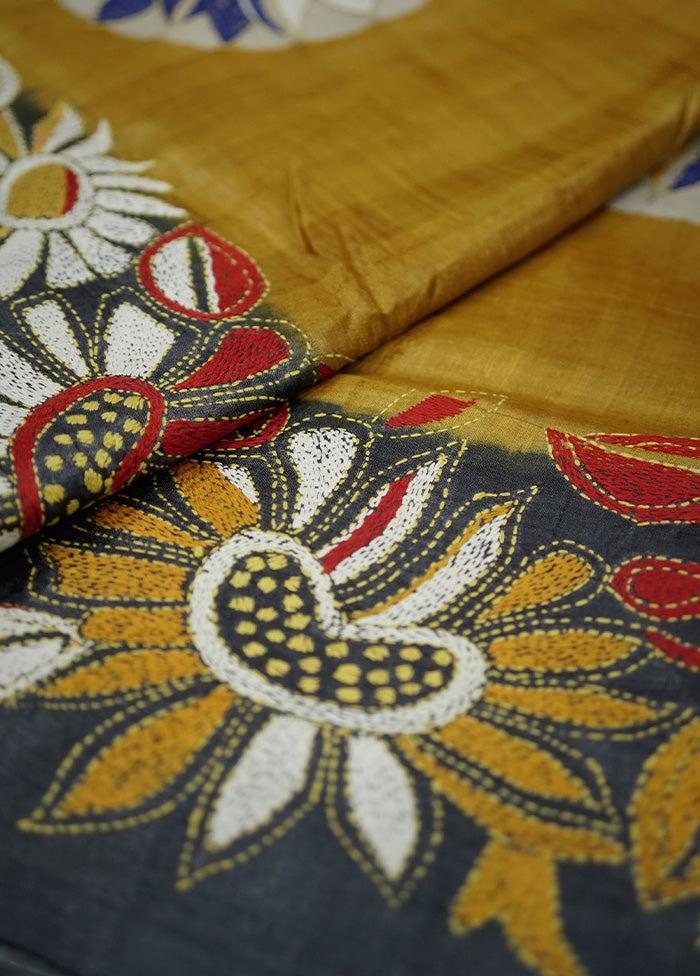 Yellow Kantha Stitch Pure Silk Saree With Blouse Piece - Indian Silk House Agencies