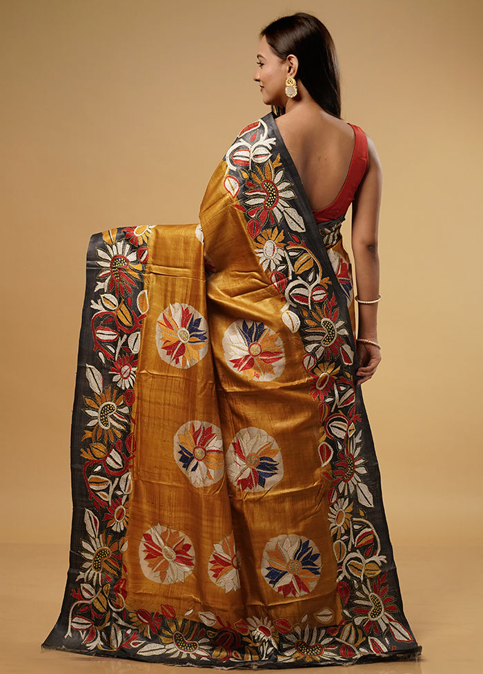 Yellow Kantha Stitch Pure Silk Saree With Blouse Piece - Indian Silk House Agencies